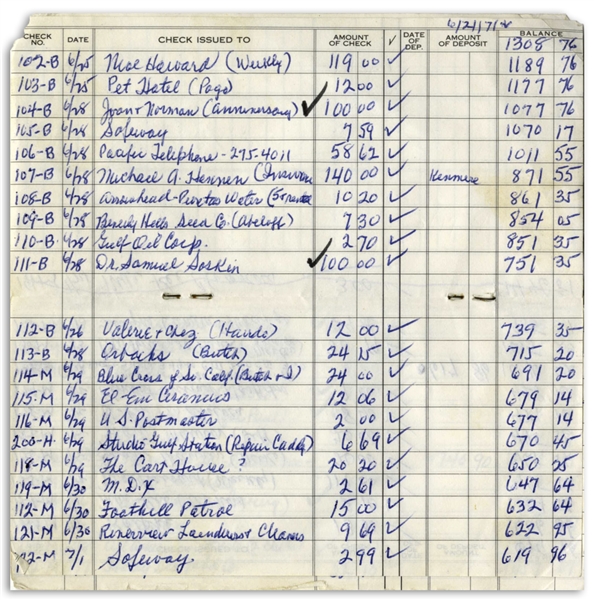 Moe Howard's Check Ledger From 1974, With His Handwritten Entries From June to August -- Approximately 80 Entries, Including Signatures -- Worn From Use, Very Good Condition